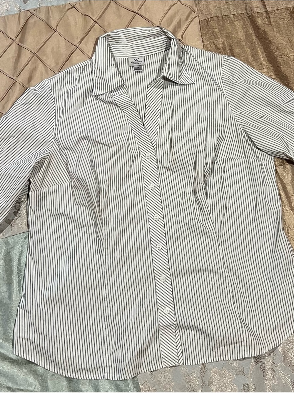 Women’s Striped Button-Up Shirt - White with Black Stripes - Stretch, 1x